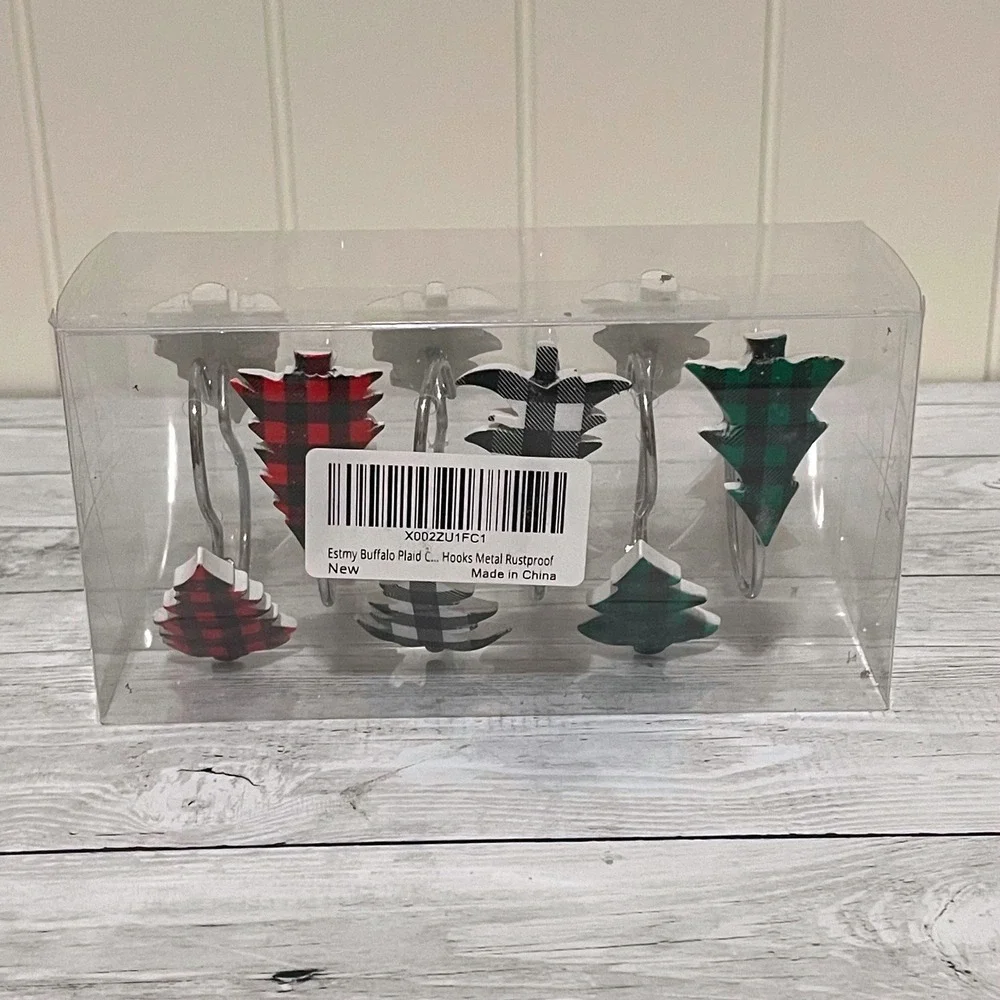 Buffalo Plaid Christmas Tree Shower Curtain Hooks Metal Rustproof Set of 12 NEW